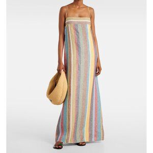 NWT Staud Laura Linen Maxi Dress Market Stripe Colorful Rainbow Sundress XS